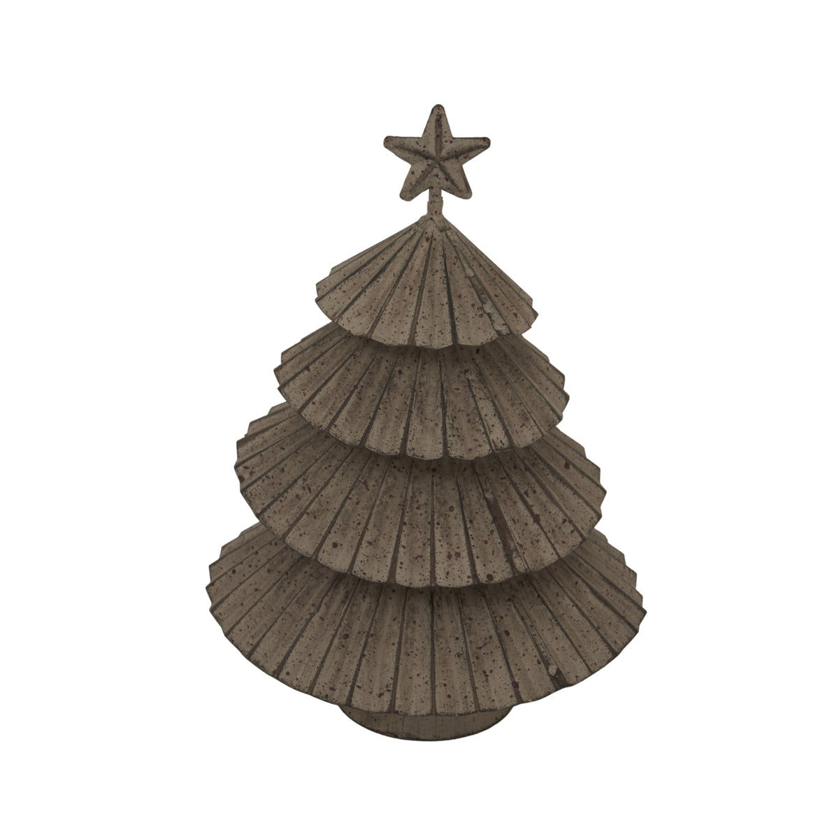 Tree ornament from a slightly different angle, showing the overlapping flared tiers, dark speckling and raised lines on the star topper.