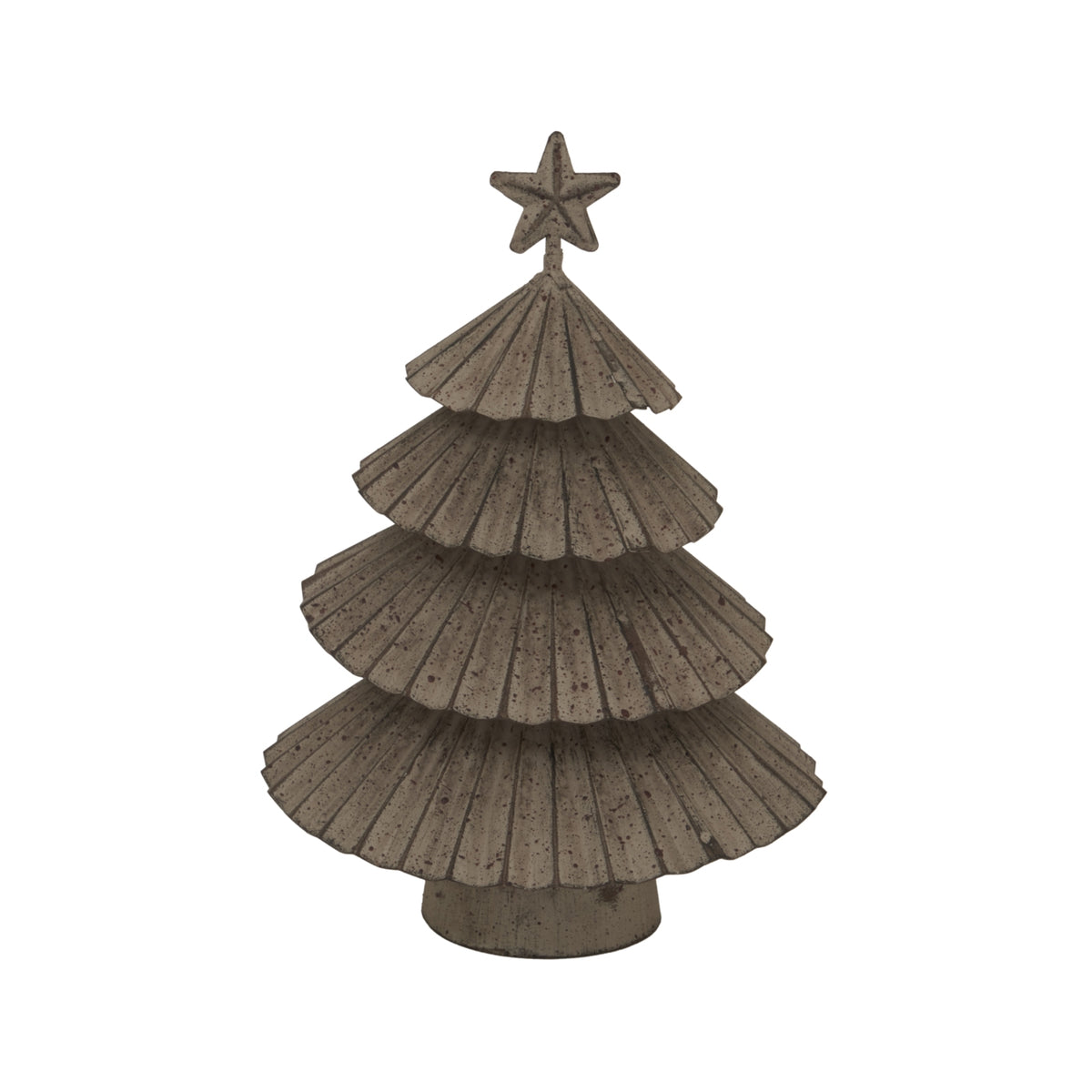 Distressed grey tree ornament with four wide corrugated tiers, a five-point star and a short round foot on a white background.