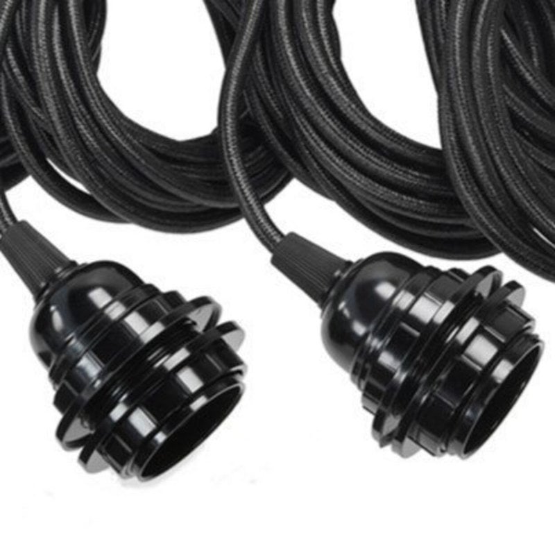 Cotton Ceiling Lamp Fitting – Black, Five-Light — black sockets and cotton cables close-up