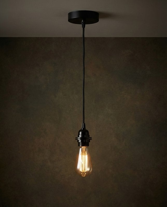 Cotton Ceiling Lamp Fitting – Black, Single — single drop with illuminated bulb