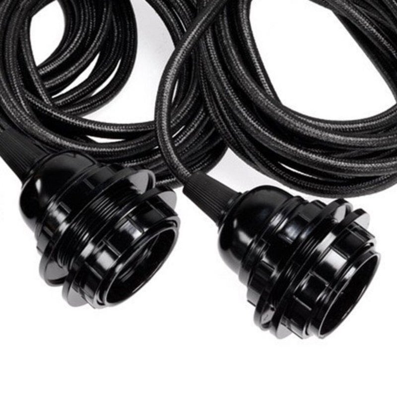 Cotton Ceiling Lamp Fitting – Black, Three-Light — black sockets and cotton cables close-up