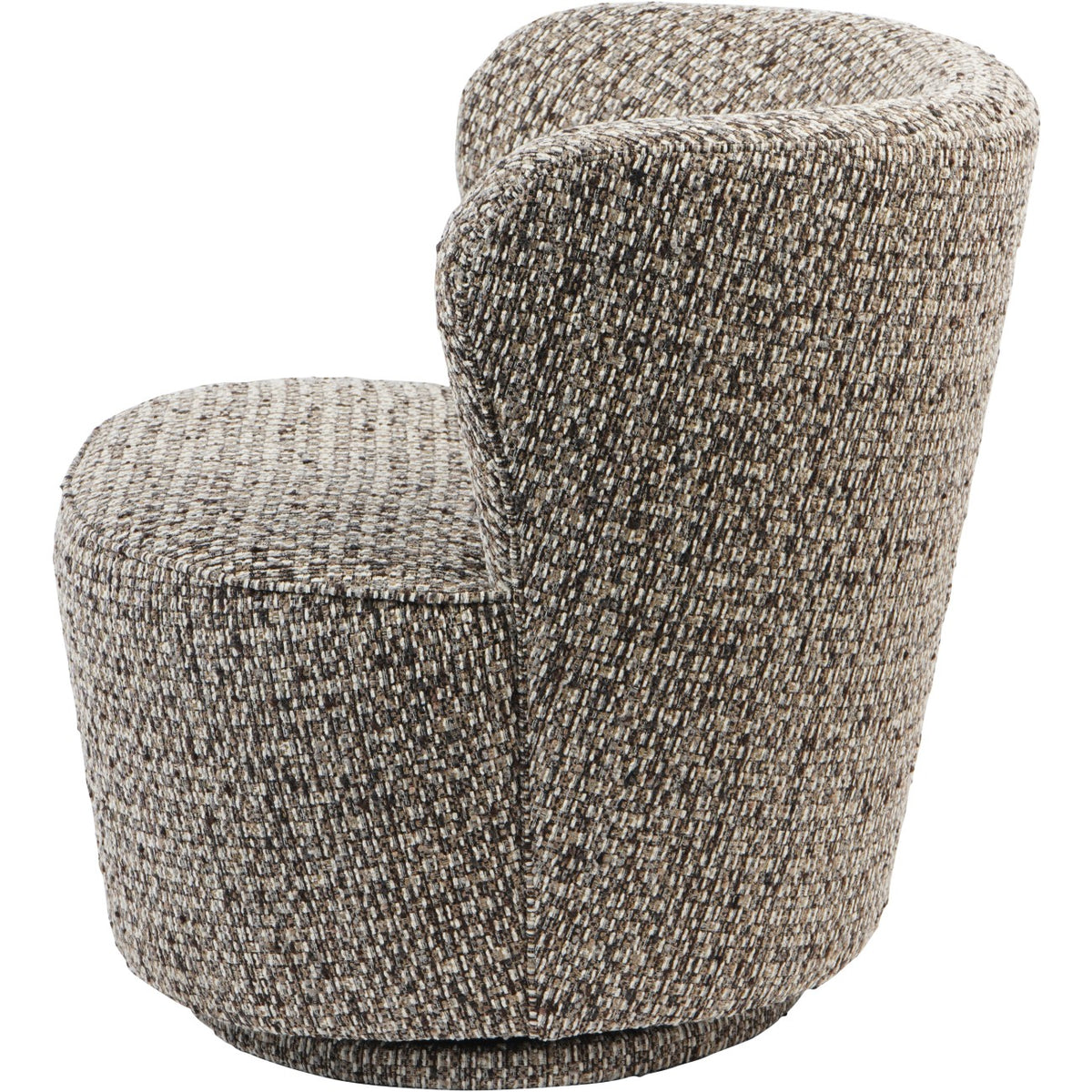 Side view of the chair showing the sweeping upholstered back and rounded seat above a recessed base.