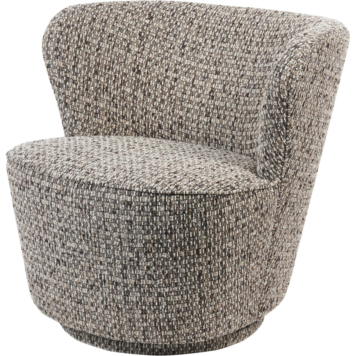Front three-quarter view of the mocha swivel chair, showing its curved back, rounded seat and flecked upholstery.