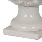 Detail of the off-white flared pedestal and square foot, with fine crackle lines and dark distressed marks along the lower edge.