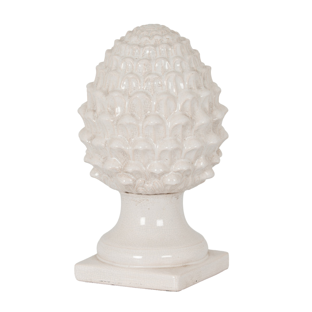 Off-white acorn ornament with an oval scale-covered crown, flared pedestal and square foot against a white background.