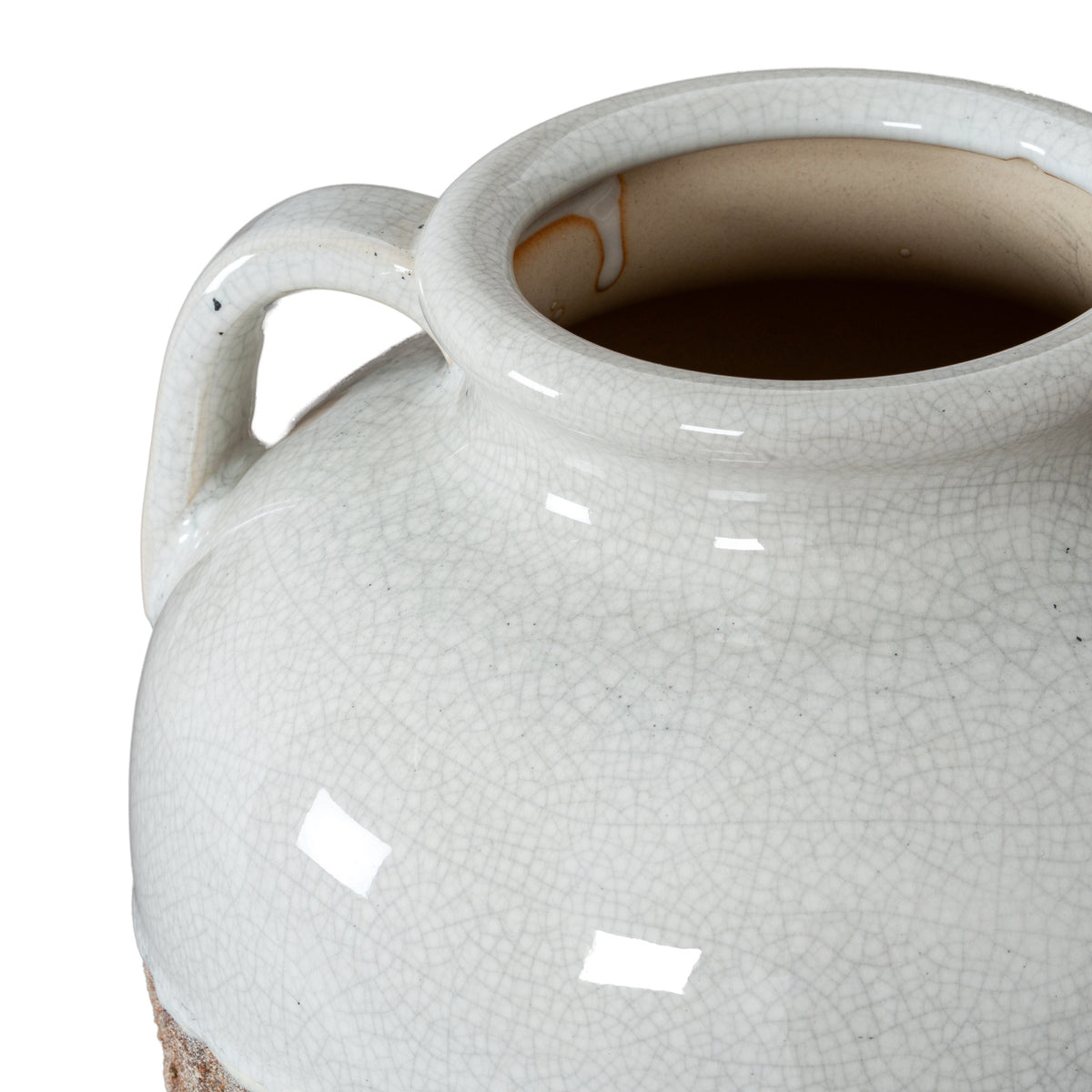 View into the vase opening, showing the thick rolled rim, curved left handle and fine crackle pattern in the glossy glaze.