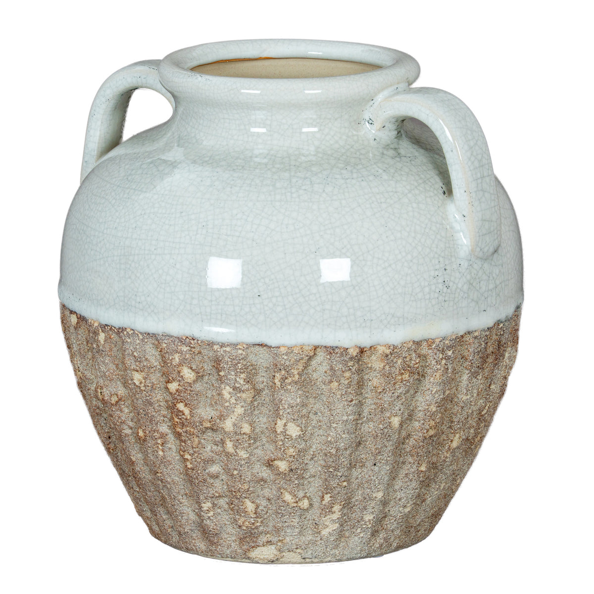 Rounded two-handled vase with pale crackle glaze above a rough brown fluted lower half, shown against white.