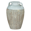 Tall two-handled vase on a white background, with a pale glazed shoulder and mottled brown textured body.