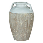 Tall two-handled vase on a white background, with a pale glazed shoulder and mottled brown textured body.
