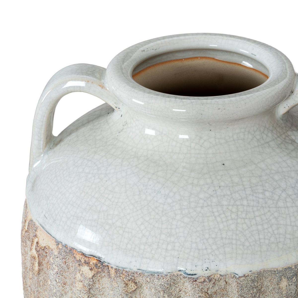 Close view from above showing the vase opening, thick rolled rim and fine crackle pattern across the glossy shoulder.