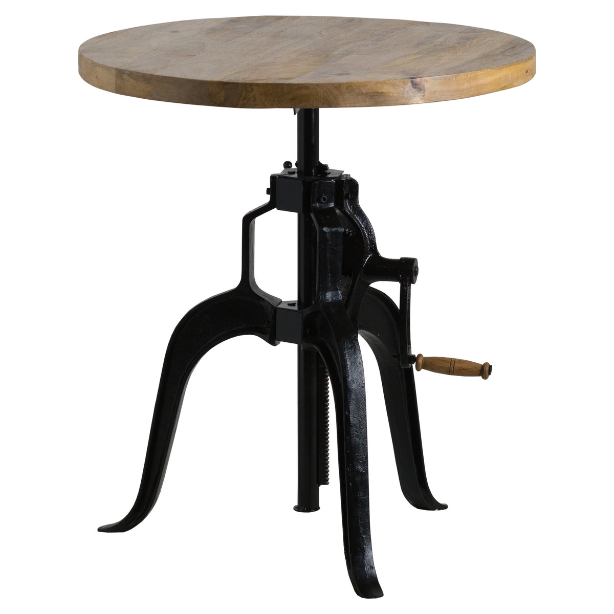 Crankfoot Bistro Table with a round brown top, black curved four-foot frame and side crank handle against a white background.