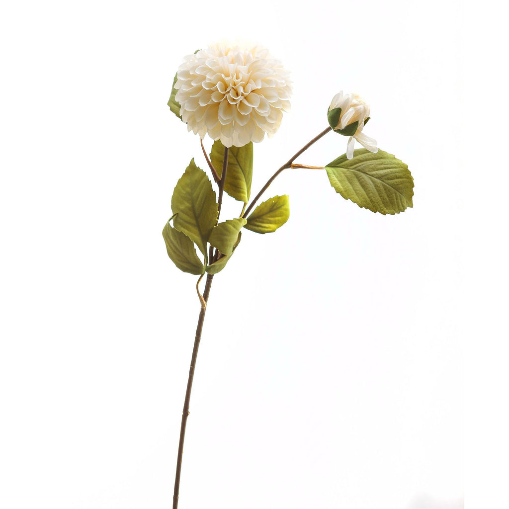 Cream-white artificial flower stem against a white background, with a large rounded bloom, a smaller partly open flower and serrated olive-green leaves on brown branches.