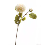 Cream-white artificial flower stem against a white background, with a large rounded bloom, a smaller partly open flower and serrated olive-green leaves on brown branches.