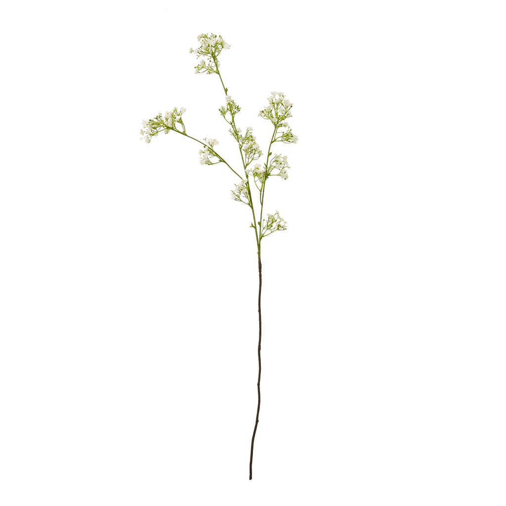 Full cream artificial gypsophila spray against white, with fine green branches and a long brown lower stem.