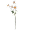Full view of a cream artificial poppy spray with four open flowers, curved branches and jagged grey-green leaves on a long stem.