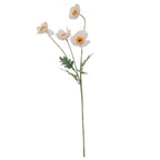 Full view of a cream artificial poppy spray with four open flowers, curved branches and jagged grey-green leaves on a long stem.