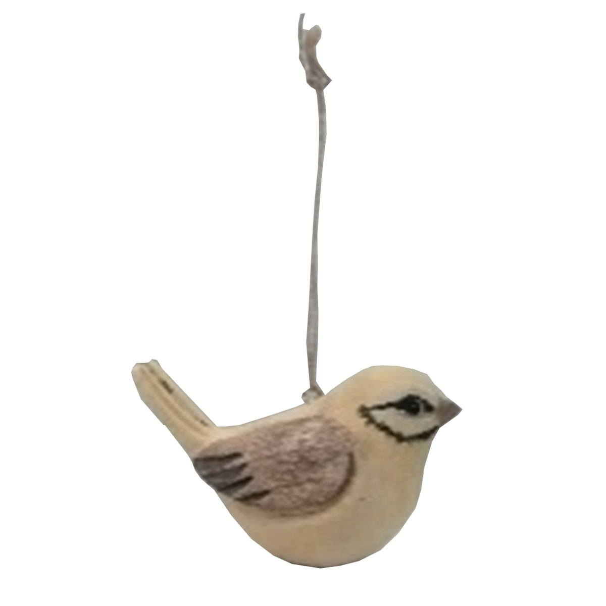 Cream-beige bird hanging decoration facing right, with a raised tail, grey-brown incised wing markings, dark eye detailing and a long grey cord against white.