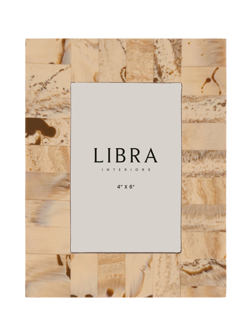 Front view of the rectangular photo frame showing ivory and beige patches with brown burlwood-effect markings around a printed insert.
