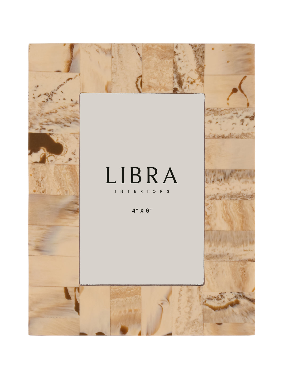Front view of the rectangular photo frame showing ivory and beige patches with brown burlwood-effect markings around a printed insert.