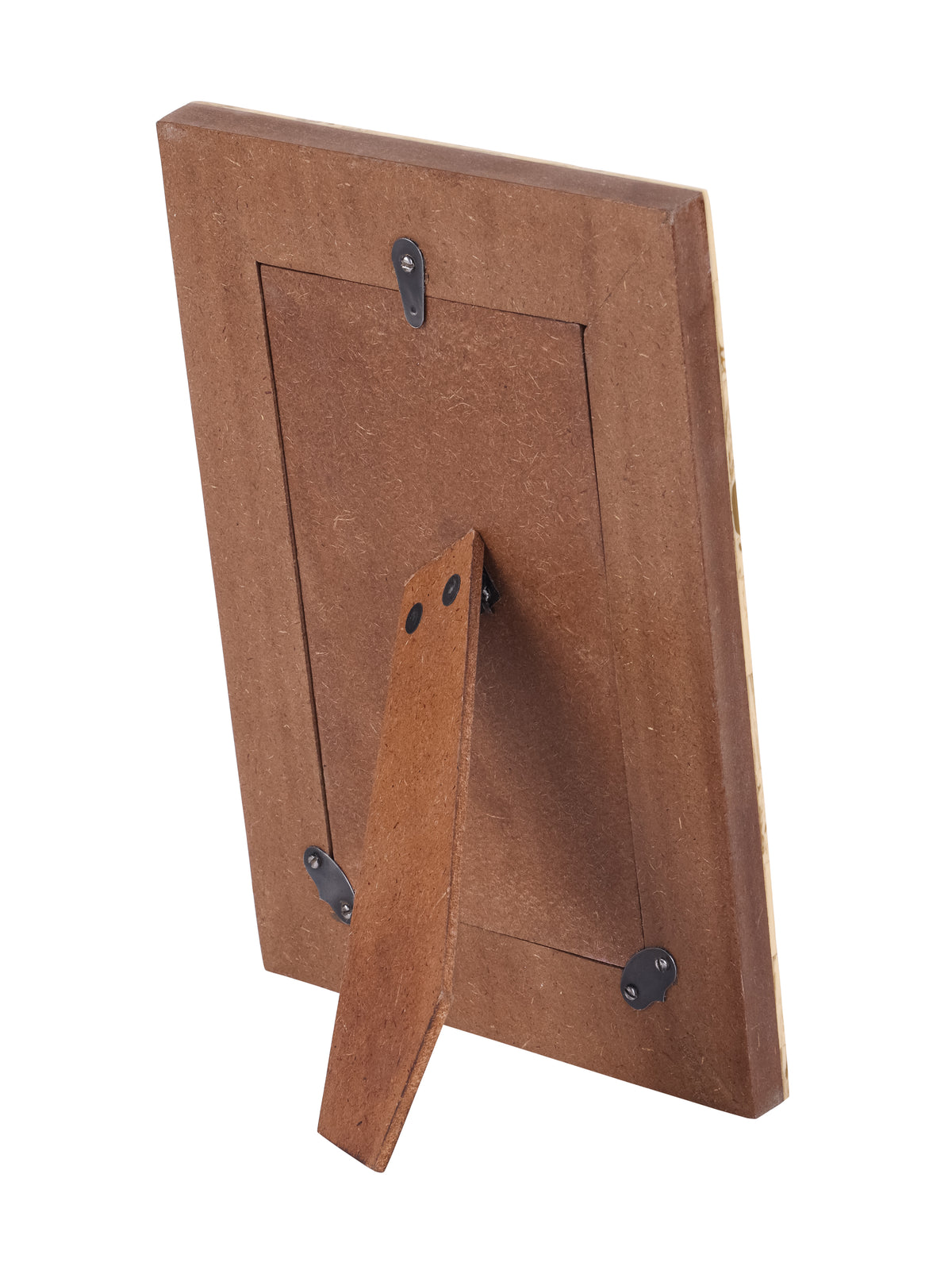 Rear view of the photo frame showing its brown backing panel, retaining tabs and extended easel support.