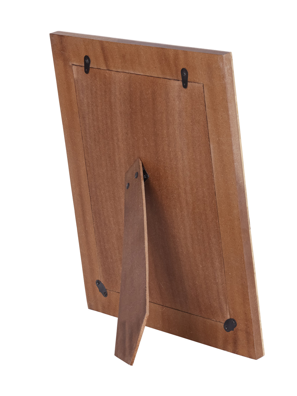 Rear view of the photo frame showing its brown backing, four black retaining tabs and open easel support.