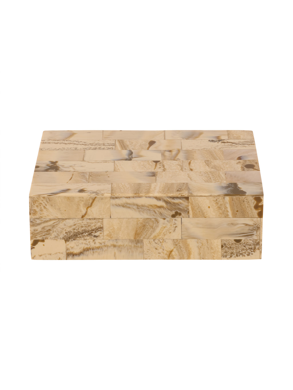 Closed cream patchwork storage box viewed from the front and above, showing the patterned lid and front face.
