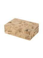 Angled view of the closed rectangular box, with ivory, beige and brown burlwood-effect patches across the lid and sides.