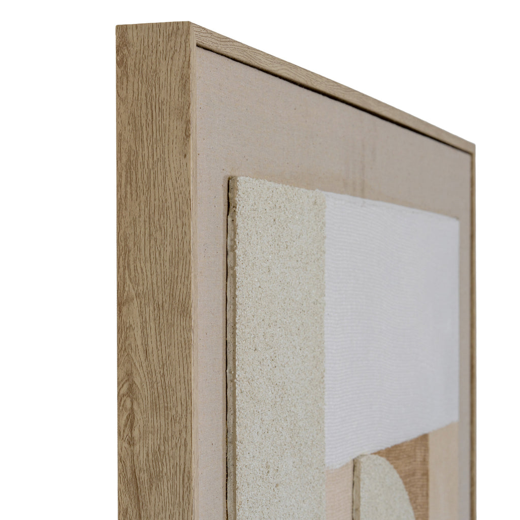 Angled detail of the artwork's upper left corner, showing the light-brown wood-grain frame, dark inner edge and raised cream rectangle.