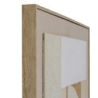 Angled detail of the artwork's upper left corner, showing the light-brown wood-grain frame, dark inner edge and raised cream rectangle.