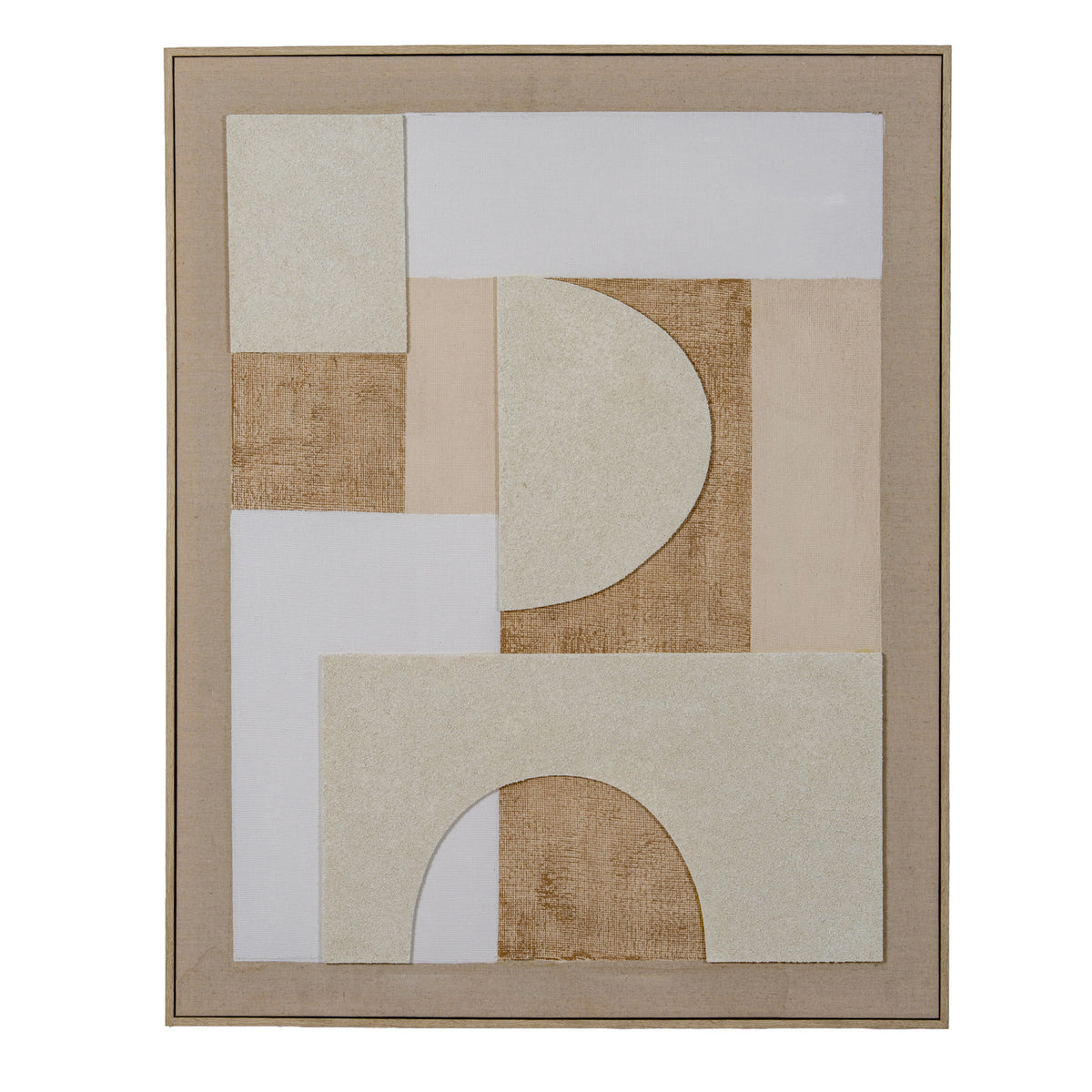 Front view of framed abstract artwork with a cream semicircle and lower arch over white, beige and ochre-brown rectangular fields.