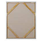Rear view of the framed artwork with a beige backing, four diagonal corner braces and pale strips along the side edges.