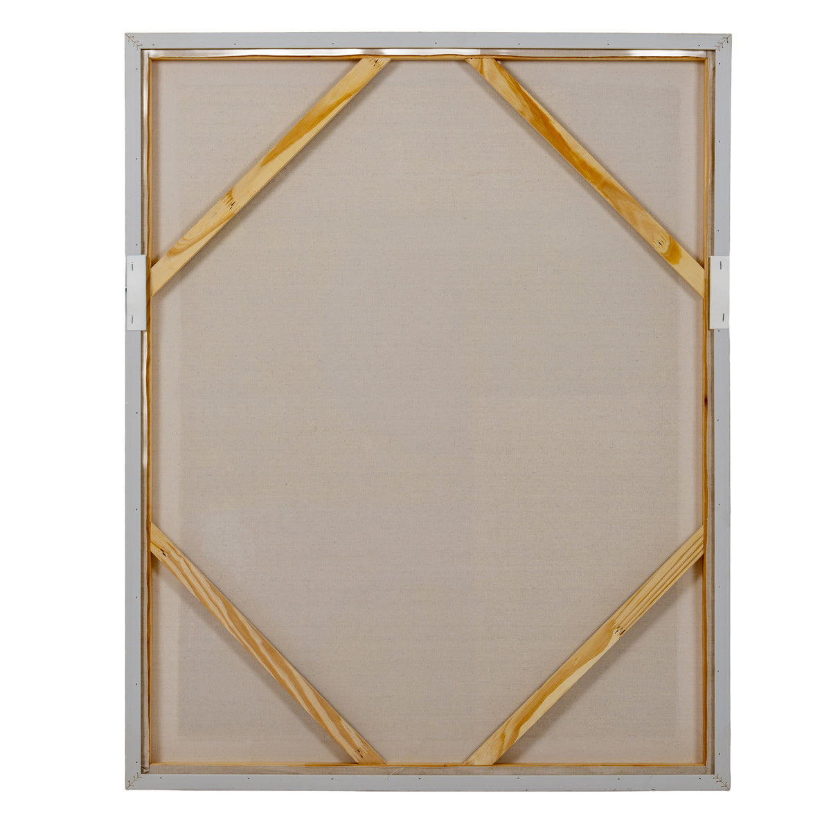 Rear view of the framed artwork with a beige backing, four diagonal corner braces and pale strips along the side edges.