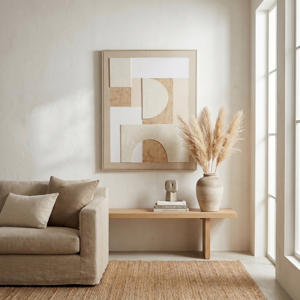 Cream geometric artwork displayed above a pale console beside a beige sofa, with stacked books and a vase of feathery stems near a tall window.