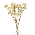 Several cream botanical sprays arranged in a clear bottle-shaped vase against a white background.