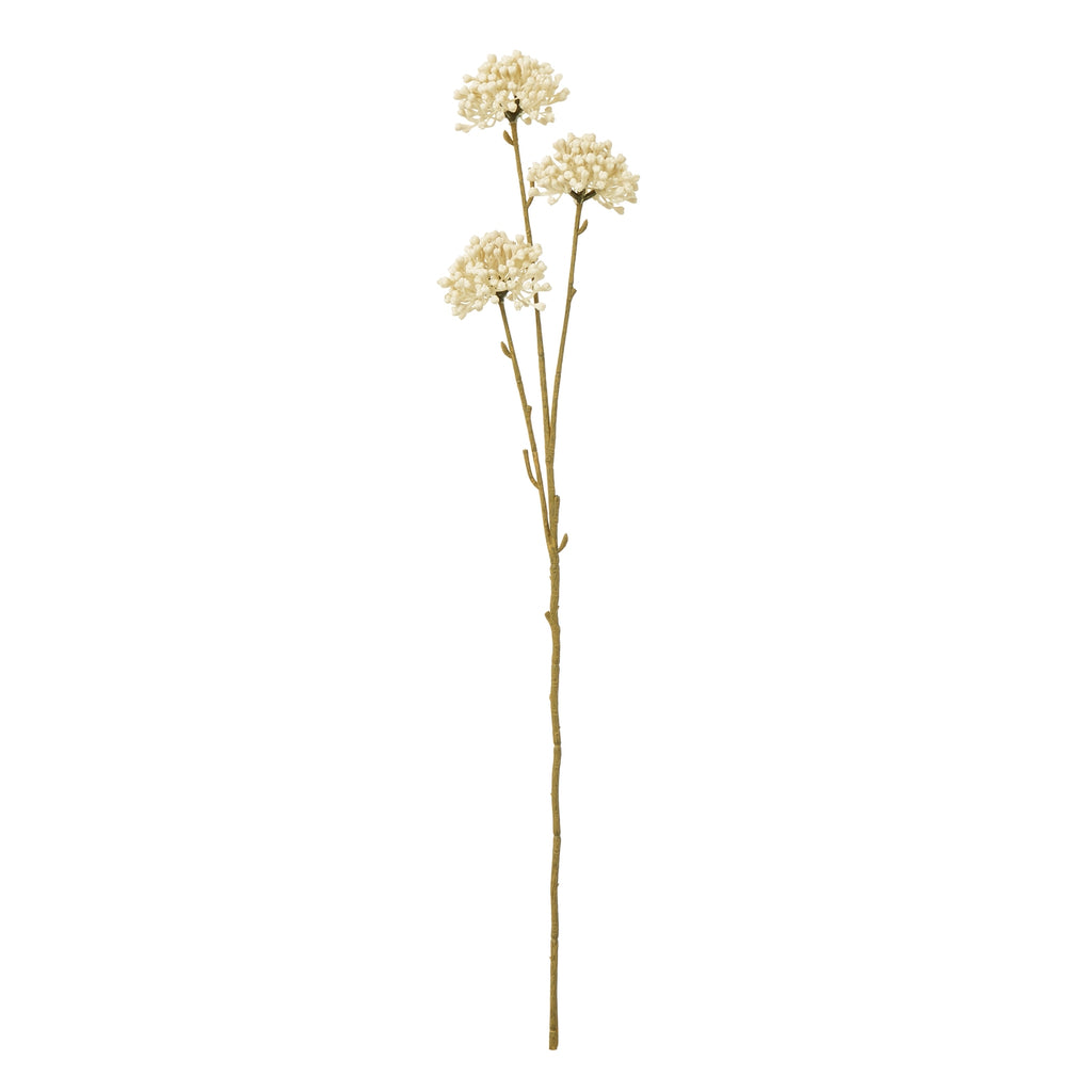 Full view of an artificial botanical spray with three cream clusters on a long brown-green branching stem against white.