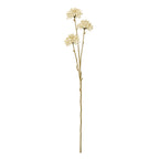Full view of an artificial botanical spray with three cream clusters on a long brown-green branching stem against white.