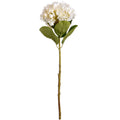 Full view of the Creamheart Petal artificial flower stem, with a rounded white bloom, green leaves and a long mottled stem against white.
