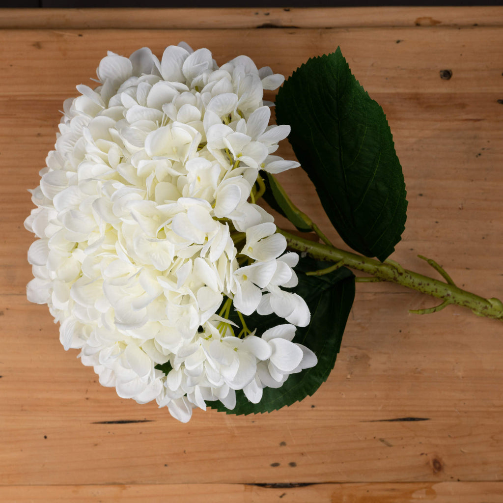 Close view of overlapping white petals with pale cream centres beside a dark green veined leaf, with the artificial stem lying on a wooden surface.