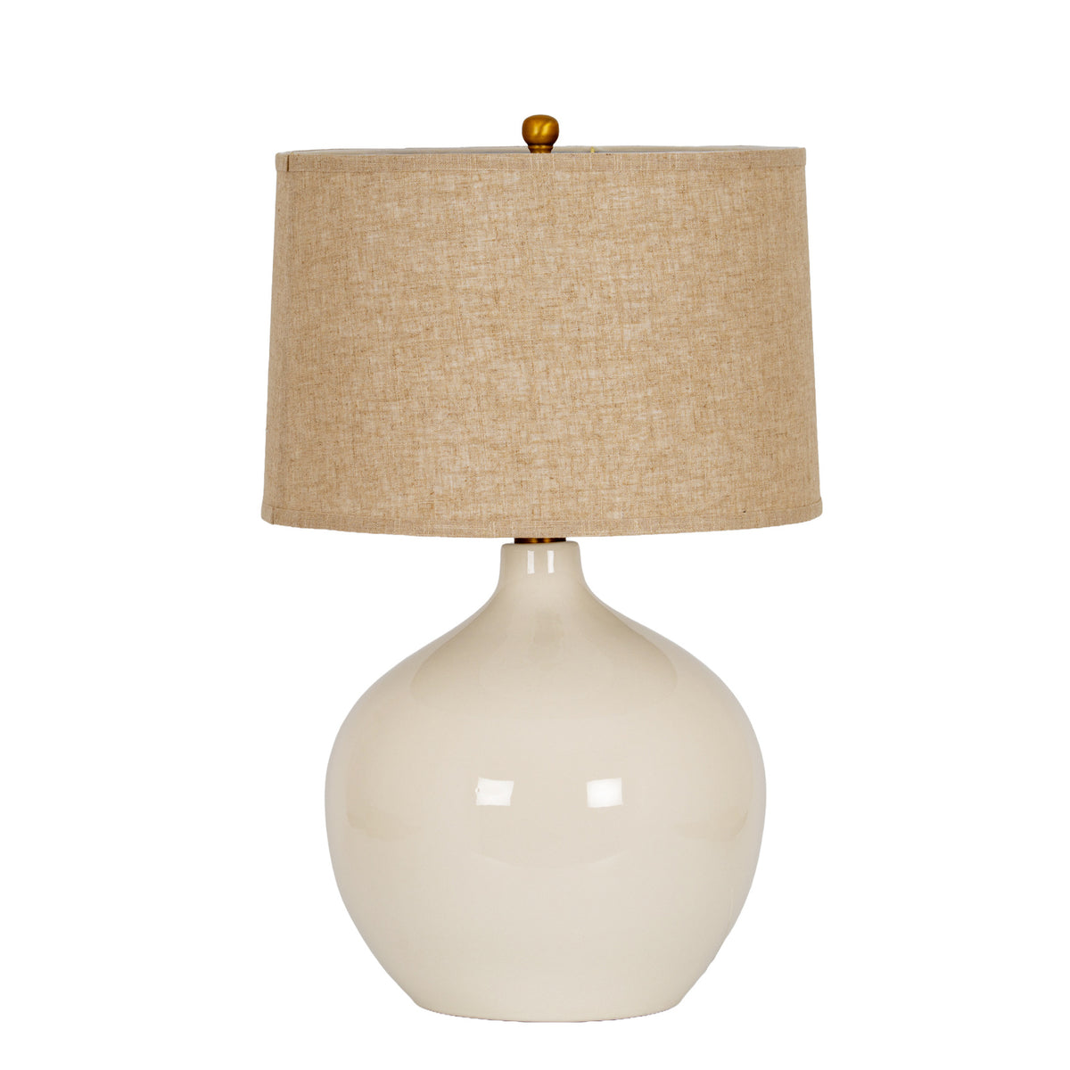 Table lamp on a white background with a glossy cream-white teardrop body, tapered textured beige shade and small gold-coloured finial.