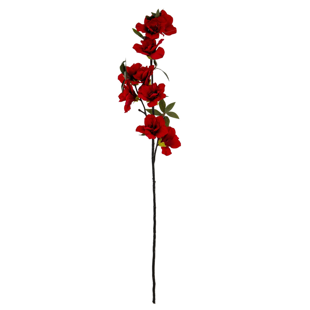Full view of the Crimson Branchbloom artificial flower spray, with red blooms and green leaves above a long dark brown stem.