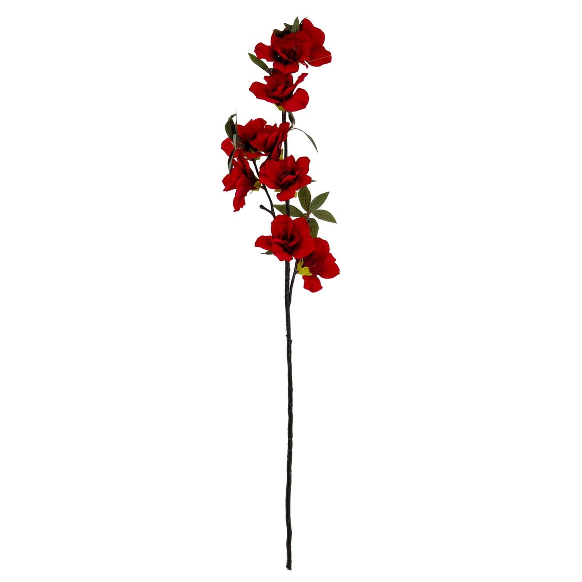 Full view of the Crimson Branchbloom artificial flower spray, with red blooms and green leaves above a long dark brown stem.