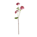 Full view of the artificial viburnum stem against white, with three crimson flower clusters at different heights and serrated green leaves.
