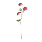 Full view of the artificial viburnum stem against white, with three crimson flower clusters at different heights and serrated green leaves.