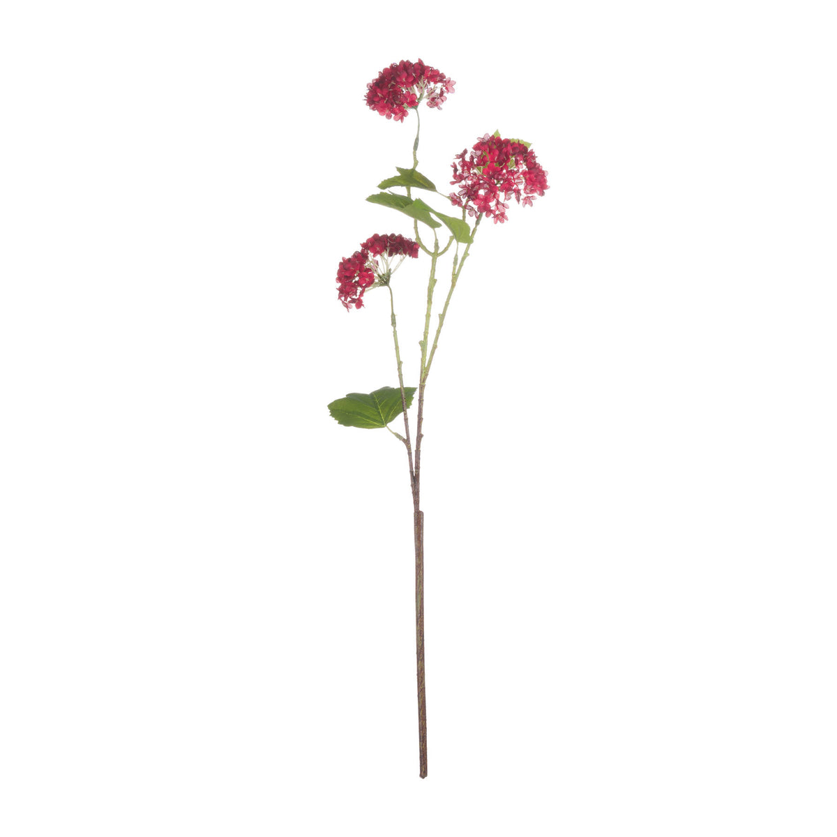 Full view of the artificial viburnum stem against white, with three crimson flower clusters at different heights and serrated green leaves.