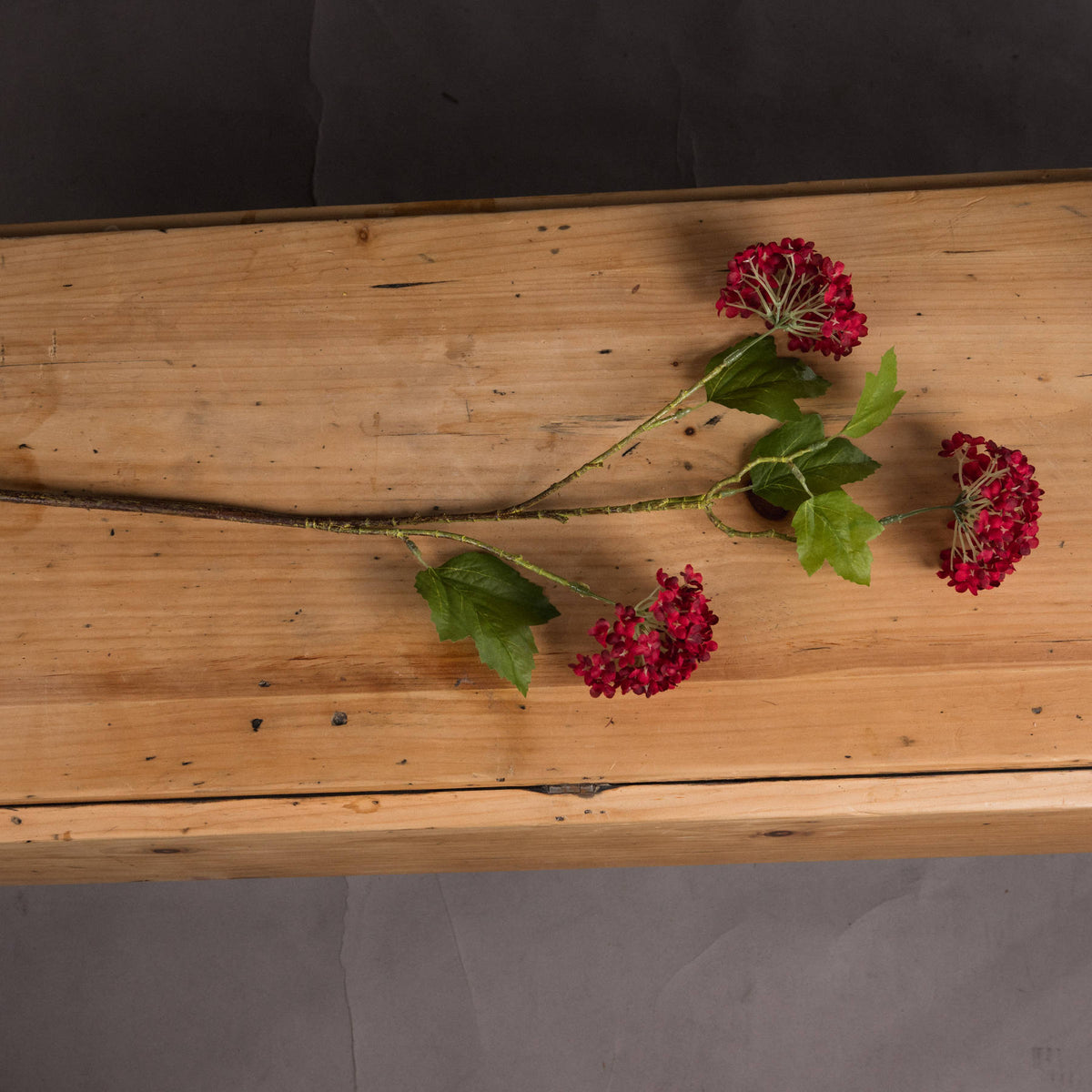 Crimson artificial viburnum stem laid across a wooden bench, showing the spreading branches, green leaves and undersides of the flower clusters.