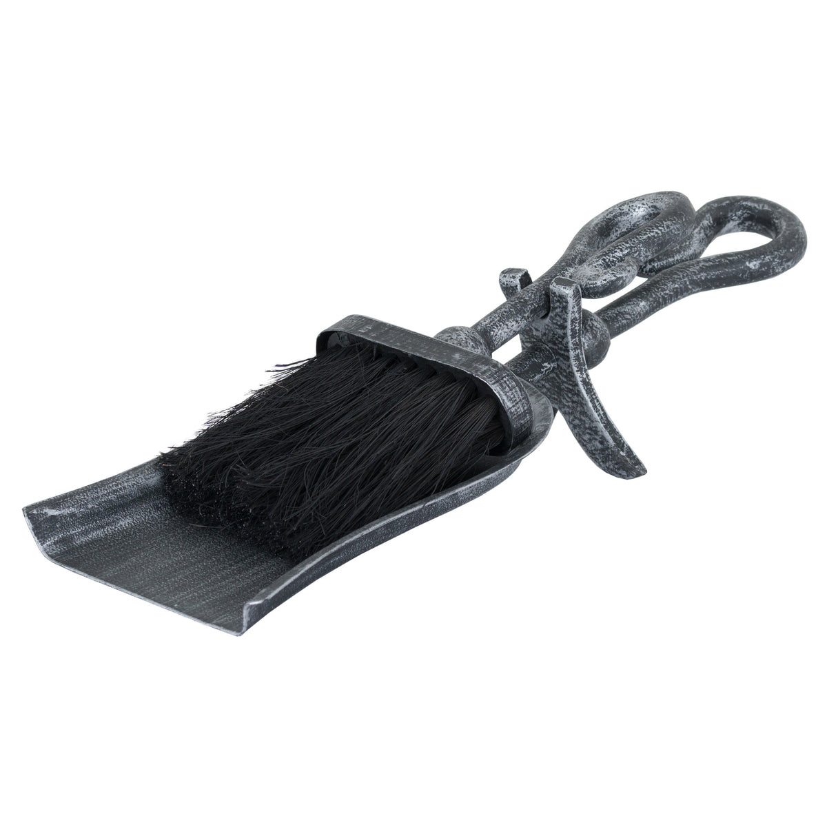 Hearth brush nested in a shallow pan, with crook-shaped handles, a projecting curved rest and a dark finish with silver stippling.