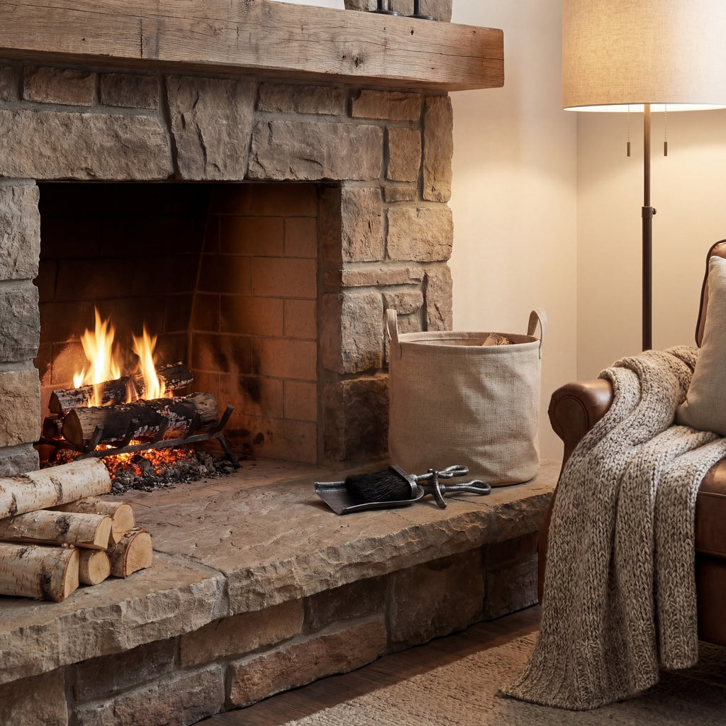 Brush and pan set on a stone hearth beside a burning fireplace, with stacked logs, a fabric log basket and an armchair draped with a knitted throw.