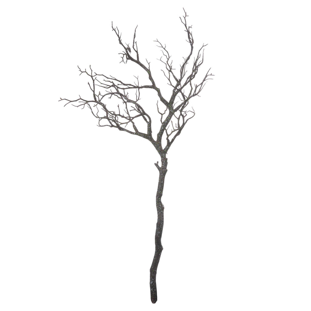 Full view of a dark brown artificial branch spray with a long crooked stem and a broad crown of bare, speckled twigs on white.