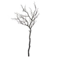 Full view of a dark brown artificial branch spray with a long crooked stem and a broad crown of bare, speckled twigs on white.