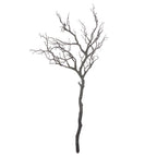 Full view of a dark brown artificial branch spray with a long crooked stem and a broad crown of bare, speckled twigs on white.